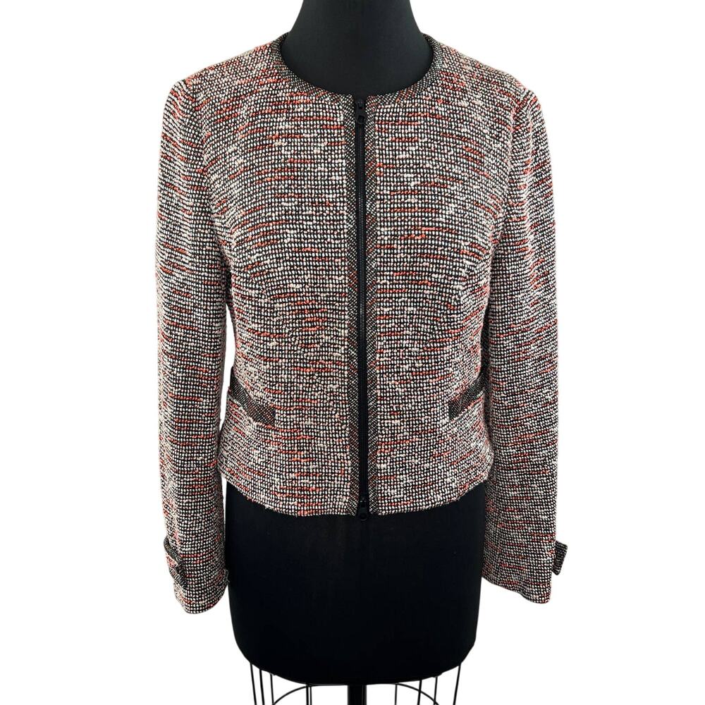KAREN MILLEN Boucle Tweed Long Sleeve Zip Front Cropped Blazer Jacket Size 10